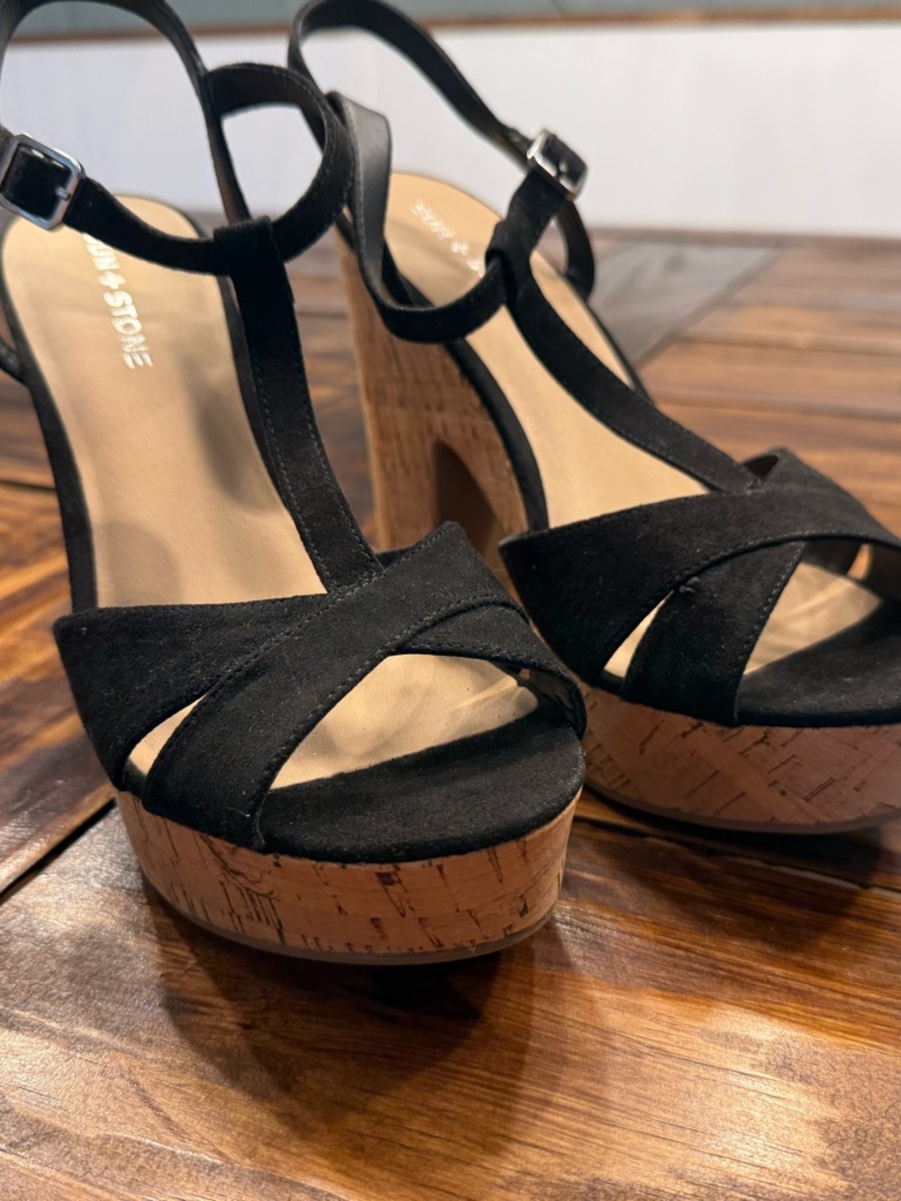 Sun + Stone Black Cork Platform Heeled Sandals 10